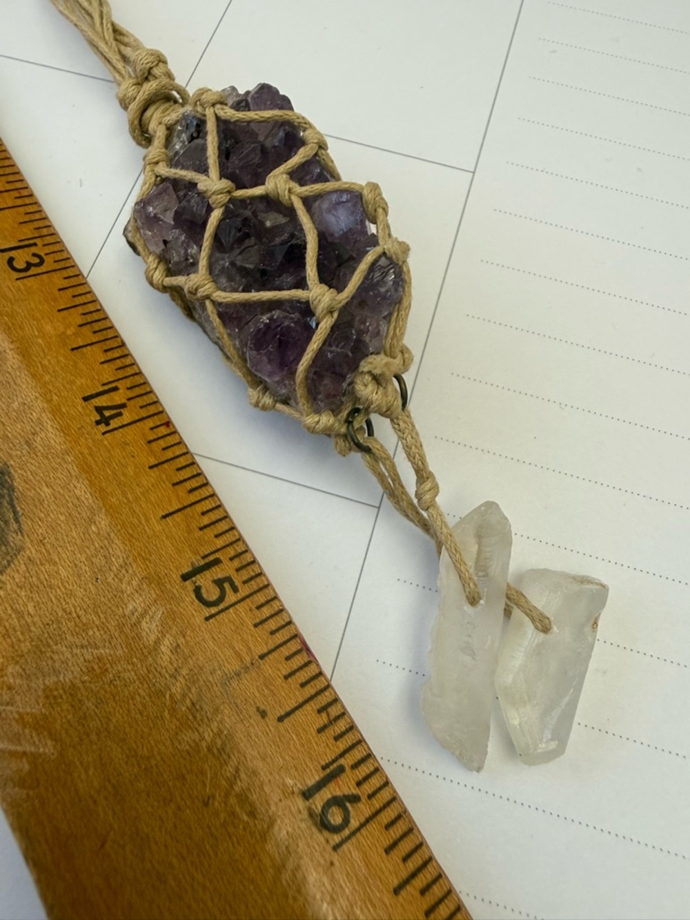 Handmade Amethyst & Clear Crystal Macrame Pendant Necklace